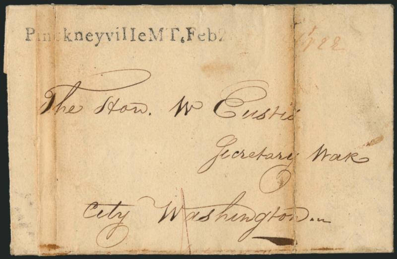 Pinckneyville MT, Feb. 2.> Straightline handstamp with red ms. Free on 1810 folded letter to the Secretary of War in Washington, datelined <<Point Coupee 16th Nov. 1809>>, some splitting along aged file folds,
otherwise Very Fine, scarce, the ori
