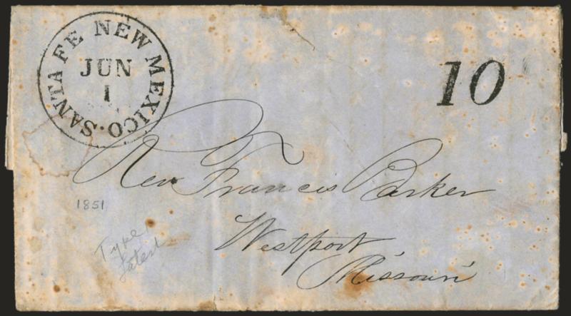Santa Fe New Mexico, Jun. 1.> Well-struck circular datestamp with matching 10 handstamp on blue folded letter to Westport Mo., some age spotting and staining, tear at top, still Very Fine strikes