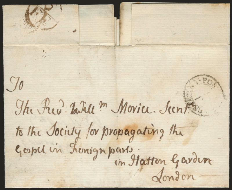 (Long Island, New York, 1784).> Penny Post, Not Paid double-circle handstamp on 1784 folded cover <to London,> brown 4FE in circle, light strike of circular datestamp, docketing inside reads <<Revd. M B
Bloomer, Long Island, Nov. 14, 1783>>, l