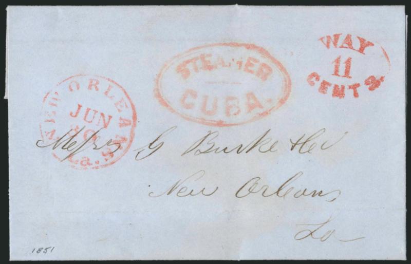 Steamer Cuba.> Red oval with fleuron on 1851 folded cover with bold Way 11 Cents rimless red oval and matching New Orleans La. Jun. 30 circular datestamp, fresh and Very Fine