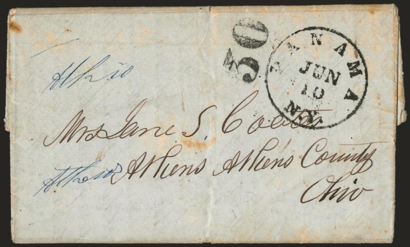 Panama N.Y. Jun. 10.> Bold strike of circular datestamp sent to <U.S. mail route agent at Panama, New Granada,> with N.Y. error instead of N.G.,> matching 30 rate on folded letter datelined <<New Grenada Panama
June 4th 1850>> to Athens O., s
