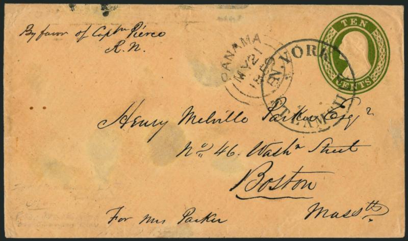 10c Green on Buff, Nesbitt entire (U16).> Cancelled by <N. York Steamship> circle en route to Boston (origin unknown), clear Panama MY 21, 1859 circular datestamp, endorsed <y favor of Capt. Pierce R.N.>> at
top left, some staining, otherwise