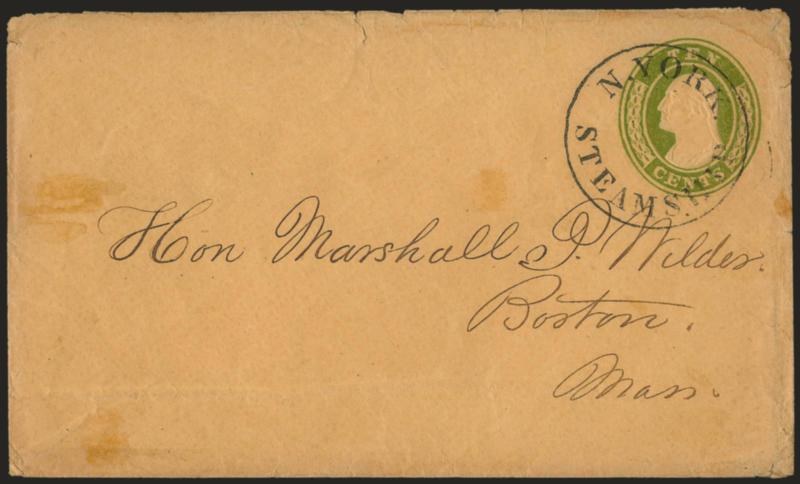 10c Green on Buff, Nesbitt entire (U18).> Cancelled by <N. York Steamship> circle en route to Boston, slight edgewear, Very Fine, the origin is unknown