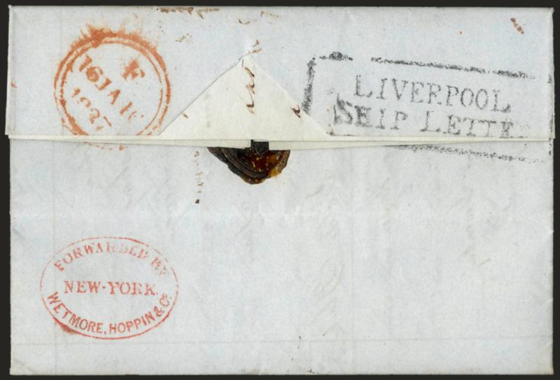 Canton, China to New York.> Folded letter datelined <<Canton June 18th 1836>> and addressed to London, boxed Liverpool Ship Letter handstamp and also London circular datestamp, also with red <Forwarded by
Whetmore, Hoppin & Co., New-York> oval