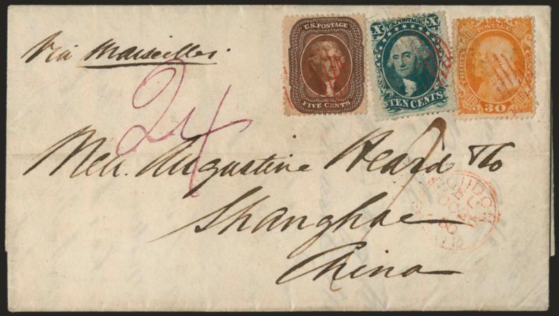 30c Orange (38).> Used with <5c Brown, Ty. II (30) and 10c Green, Ty. V (35),> cancelled by red grids, matching New York Am. Pkt. Oct. 13 backstamp on folded letter <to Shanghai, China,> red 1860 London
transit, magenta 24 ms. credit<><>^VERY F