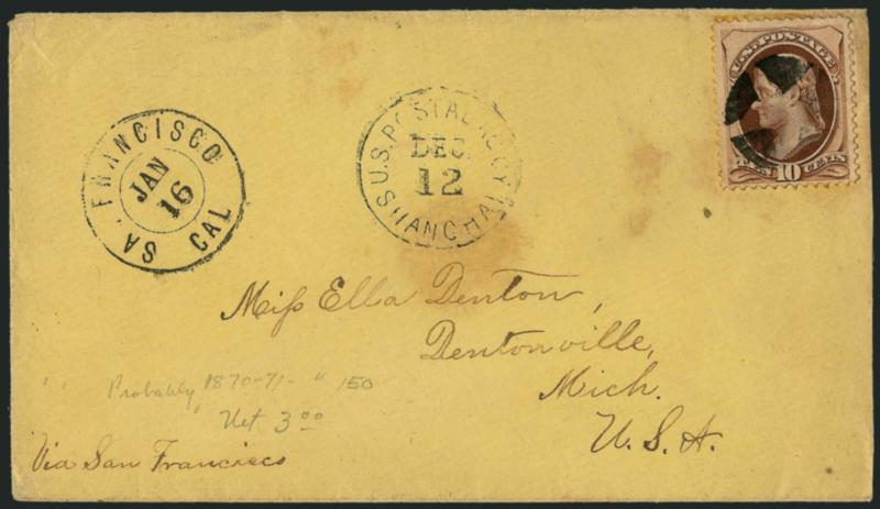 10c Brown (150).> Cancelled by quartered cork, matching <U.S. Postal Agcy. Shanghai Dec. 12> circular datestamp on yellow cover to Dentonville Mich., neat San Francisco Cal. Jan. 16 double-circle datestamp,
some minor soiling, Very Fine usage fr