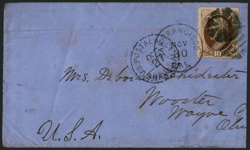 10c Brown (150).> Tied by grid and by circle of wedges, <U.S. Postal Agcy. Shanghai, Oct. 27> circular datestamp on blue cover to Wooster Ohio, stamp also tied by San Francisco Cal. Nov. 30 circular datestamp,
slightly reduced at right, stamp aff