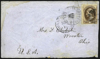 Covers from U.S. Offices in China.> Four covers, incl. two with 10c Bank Notes and two with pairs of 5c Bank Notes, each used from U.S. Postal Agency in Shanghai, China, two with circular datestamps and two
with purple oval datestamps, mixed conditio