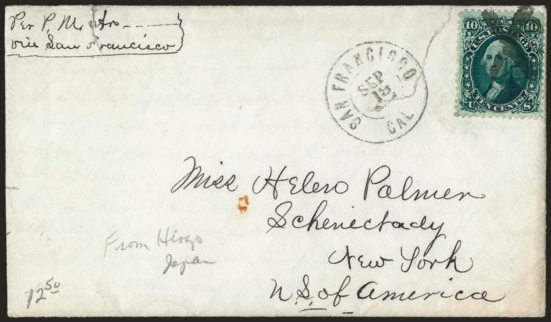 10c Dark Green (68a).> Deep rich color, tied by <X chop cancel> on cover to Schenectady N.Y., neat San Francisco Cal. Sep. 19 double-circle datestamp, with original contents datelined <<U.S.S. Iroquois, Hiogo
Japan, August 8th 1868>>, cover tor