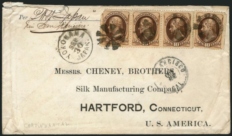 10c Brown (161).> Horizontal strip of three and single, two stamps s.e. at right, tied by circle of wedges, <Yokohama, Japan Sep. 30> circular datestamp on cover with printed address to a silk manufacturing
company in Hartford Conn., also with San