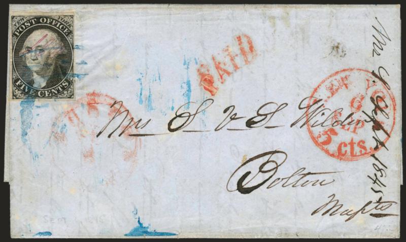 New York N.Y., 5c Black, ACM Initials (9X1).> Large margins, tied by blue ms on blue 1845 folded letter to Boston, red New-York 5cts. Sep. 6 circular datestamp and matching Paid handstamp, also with light
strike of red Boston receiving circular