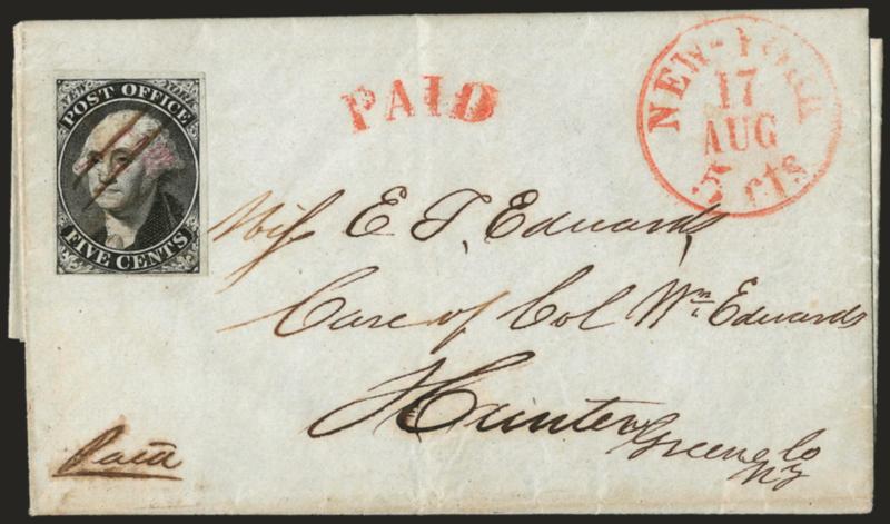 New York N.Y., 5c Black, A.C.M. Initials (9X1b).> Huge margins to clear, cancelled by two parallel penstrokes, red New-York 5cts. Aug. 17 integral-rate circular datestamp with matching Paid arc on 1845 folded
letter to Hunter N.Y., fresh and Ve