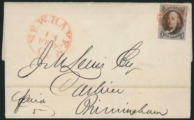 5c Blackish Brown (1a var).> Intense shade, large margins to clear, tied by red grid, matching New-Haven Ct. 13 Feb. circular datestamp on 1850 folded letter, ms. Paid 5 at lower left, light horizontal file
fold well away from stamp, Very Fine us