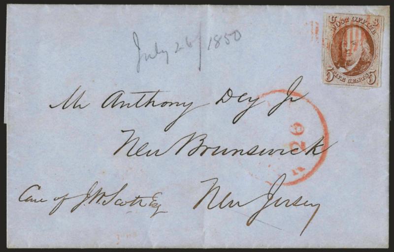 5c Red Brown (1).> Large margins to just in, tied by red square grid, matching light strike of New York circular datestamp on blue folded cover to New Brunswick N.J., Fine