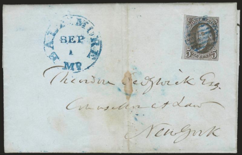 5c Red Brown (1).> Huge margins to just in at top right, deep rich color, tied by blue grid, matching Baltimore Md. Sep. 1 circular datestamp on 1848 folded letter to New York, faint vertical file fold well
away from stamp, Fine