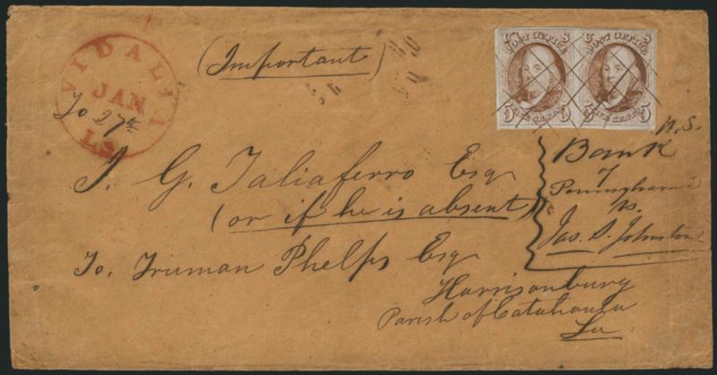 5c Red Brown (1).> Horizontal pair, wide break in left frameline of right stamp, full to large margins, faint diagonal creases at lower left and right corners, tied by criss-crossed pen lines, red Vidalia La.
Jan. 27 circular datestamp with day in
