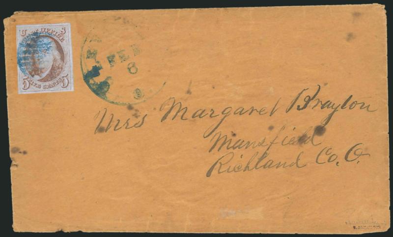 5c Orange Brown (1b).> Large and even margins, cancelled by <blue grid,> matching Cleveland O. Feb. 6 circular datestamp on buff cover to Mansfield O., some cover wear, Very Fine, with 1994 P.F.
certificate