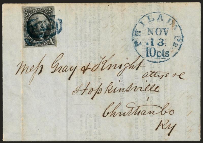10c Black (2).> Large margins to full, tied by blue Paid in oval, matching Philada. Pa. 10cts Nov. 13 integral-rate circular datestamp on 1847 part-printed folded letter to Hopkinsville N.Y., top flap
separated, Very Fine, with 1992 P.F. certific