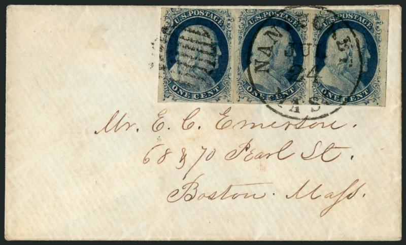 1c Blue, Ty. II, Plate 2 Crack (7 var).> Positions 23-25L2, horizontal strip of three (prepared with long scissors-cuts between stamps), left stamp (Position 23) showing bottom of crack in its early state,
ample to large margins, tied by grid and Na