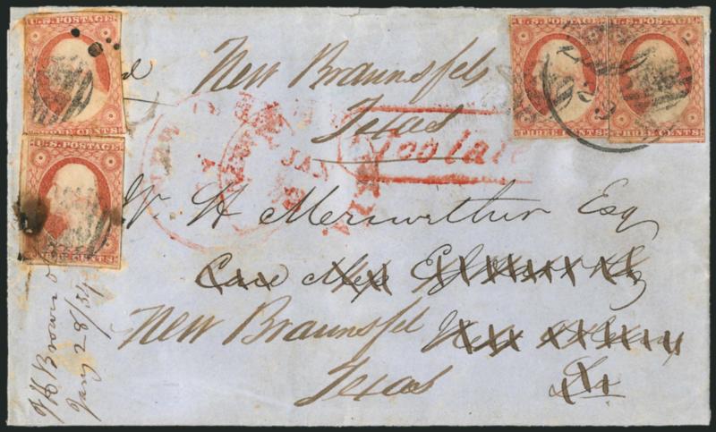 3c Dull Red, Ty. I (11).> Four singles, tied by grids, indistinct circular datestamp on 1854 folded cover to New Orleans and <forwarded to New Braunfels, Texas,> red New Orleans La. Jan. 3 circular datestamp
and also red <Too Late> handstamp, som