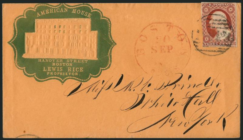 3c Dull Red, Ty. II (11A).> Large margins to in, tied by large Paid grid, red Boston 3cts. 30 Sep. circular datestamp on buff cover with <American House green illustrated cameo corner card> to New York, Very
Fine, a pretty cover