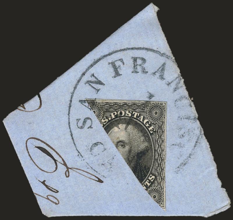 12c Black, Diagonal Half Used as 6c (17a).> Top right diagonal half, tied by San Francisco Cal. Aug. 1? circular datestamp on small blue piece, fresh and Very Fine, Scott Retail as on cover $2,750.00