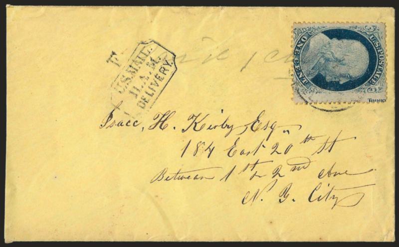 1c Blue, Ty. V (24).> Choice centering, <captured imprint> at right, tied by light cancel on yellow cover to New York City, neat U.S. Mail 11 A.M. Delivery handstamp, the stamp is Extremely Fine