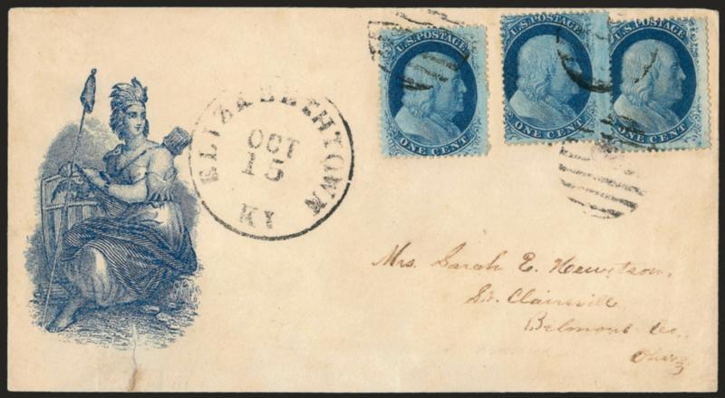 1c Blue, Ty. V (24).> Three, tied by grids, Elizabethtown Ky. Oct. 15 circular datestamp on blue <Seated Liberty Magnus-type Patriotic design> (without imprint) to St. Clairsville O., slightly improved edges,
sealed tear at bottom, Fine, striking d