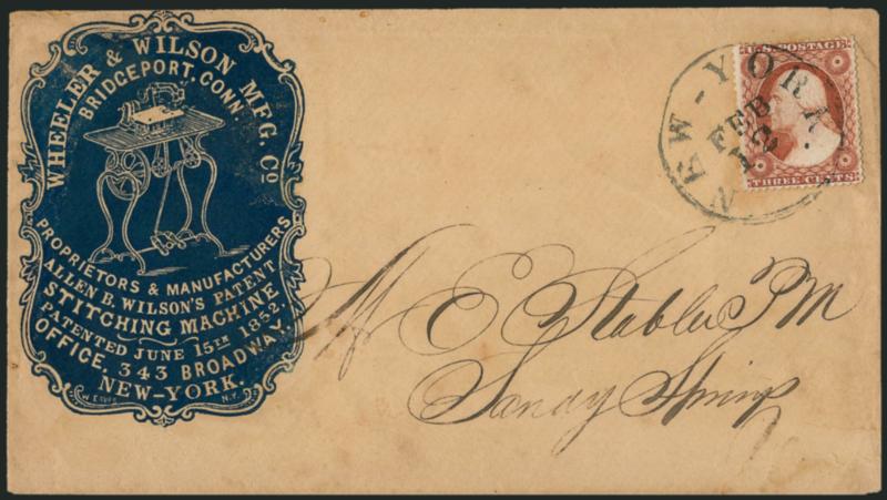 3c Dull Red, Ty. III (26).> Rich color, tied by New-York Feb. 12 circular datestamp on buff cover with <sewing machine manufacturers blue illustrated cameo corner card with Eaves imprint> to Sandy Springs Md.,
missing top flap, some slight wear, V