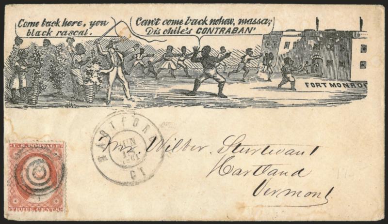 3c Dull Red, Ty. III (26).> Cancelled by target, Hartford Ct. Jun. 18, 1861 double-circle datestamp on <Dis Chiles CONTRABAN Patriotic Cartoon> cover to Hartland Vt., trivial soiling, Very Fine