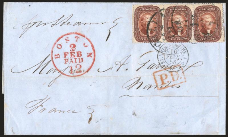 5c Red Brown (28).> Horizontal strip of three, the 1856 shade, tied by New Orleans La. Jan. 19 circular datestamps on blue 1858 folded cover <to Nantes, France,> red Boston Paid 12 Feb. 2 credit datestamp,
French transit also ties strip, light ho