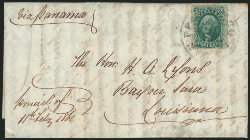 10c Green, Ty. V (35).> Tied by San Francisco Cal. Feb. 11 circular datestamp on 1861 folded letter to Bayou Sara La., endorsed <<via Panama>> and also <<pr. mail of 11th Feby. 1861>>, stamp with pre-use tear
at left, otherwise Very Fine, scarc