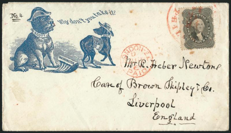 24c Gray Lilac (37).> Rich color, tied by <red> Philada Am. Pkt. 3 May 31 credit datestamp on blue <Why dont you take it? Bulldog and Jackal Patriotic> cover <to Liverpool, England,> red 1861 London transit,
receiving backstamp, few toned spots<