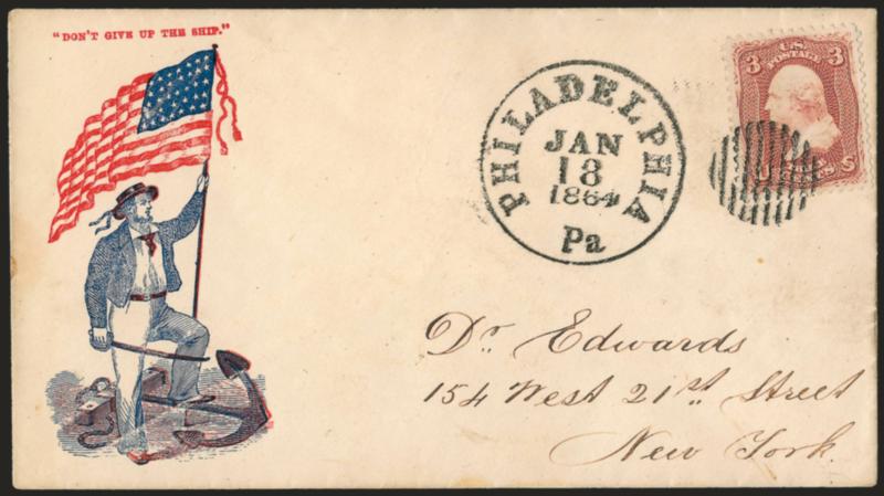 3c Rose (65).> Choice centering, bright color, tied by perfectly struck grid, Philadelphia Pa. Jan. 18, 1864 circular datestamp on red and blue <Dont Give up the Ship Patriotic> cover to New York, Extremely
Fine, a phenomenal condition rarity