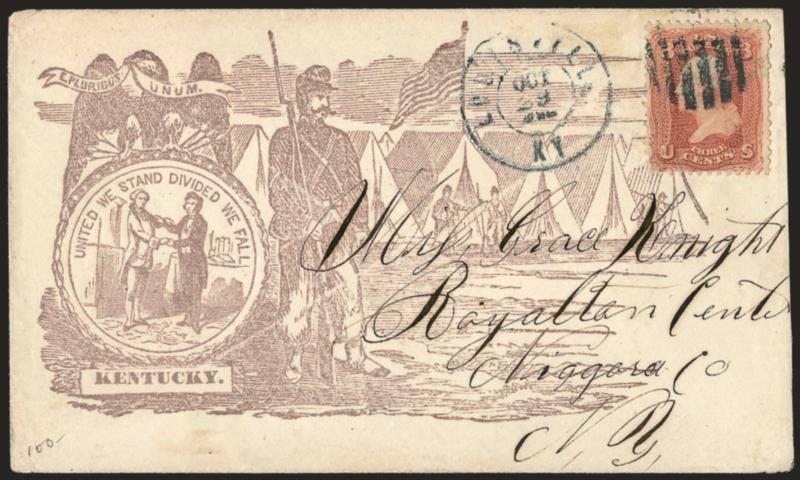 3c Rose (65).> Tied by dark blue grid, matching Louisville Ky. Oct. 29 double-circle datestamp on purple <United We Stand, Divided We Fall, Kentucky Soldier and Camp Patriotic> cover to Royalton Center N.Y.,
barely reduced at right, few pulled pe