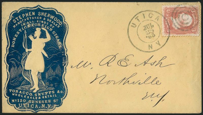 3c Rose (65).> Brilliant color, tied by target and by Utica N.Y. Jul. 25, 1865 double-circle datestamp on cover with <Stephen Sherwood tobacco and snuff dealer blue cameo corner card with Eaves imprint> to
Northville N.Y., stamp with trivial tiny t