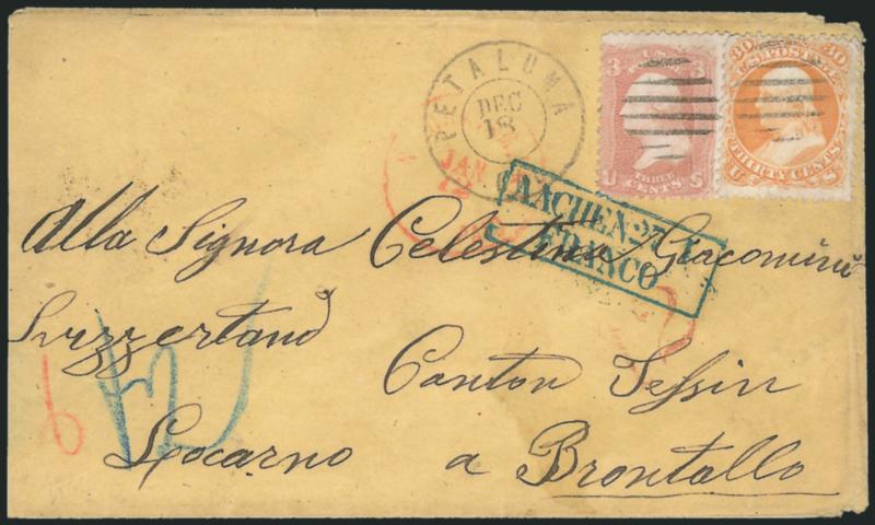 30c Orange (71).> Used with 3c Rose (65), cancelled by grids, Petaluma Cal. Dec. 18 double-circle datestamp on cover <to Locarno, Switzerland,> blue boxed Aachen Franco handstamp also ties 3c, red N. York Am.
Pkt. Paid Jan. 12 transit datestamp