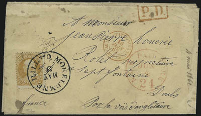 30c Orange (71).> Three covers, all used from California <to France,> incl. 1863 cover from Los Angeles, 1862 usage from Mokelumne Hill, last is 1866 usage from San Francisco, some slight wear, Fine-Very
Fine, last with 1976 P.F. certificate