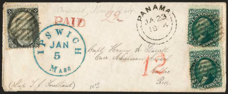 2c Black (73).> Used with two <10c Yellow Green (68)> and tied by grids, blue Ipswich Mass. Jan. 5 circular datestamp on 1864 cover <to Callao, Peru,> red Paid and 12 credit handstamps, also with neat strike of
Panama transit, receiving backsta