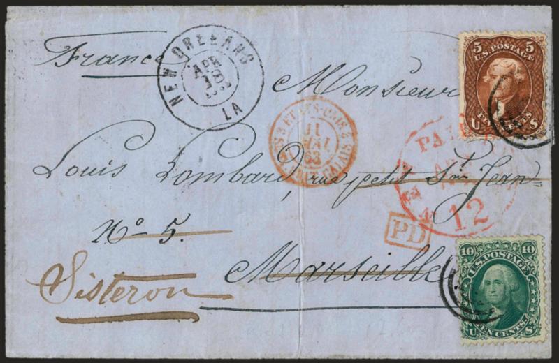 5c Red Brown (75).> Warm shade, used with 10c Yellow Green (68) and tied by targets, New Orleans La. Apr. 18, 1863 double-circle datestamp on blue folded letter <to Marseilles, France and forwarded to
Sisteron,> red New York Paid 12 Apr. 28 circu