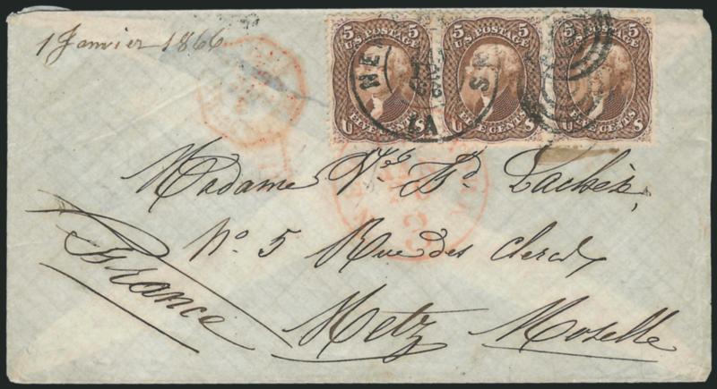 5c Brown (76).> Horizontal strip of three, bright color, tied by New Orleans La. Jan. 12, 1866 double-circle datestamp duplex on tissue paper cover <to Metz, France,> red New York 3c credit circular datestamp
also ties stamps, transit and receiving