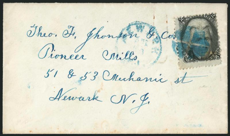 2c Black, Z. Grill (85B).> Tied by <blue> quartered cork, matching Newark N.J. Aug. 30 circular datestamp on cover to Newark N.Y., stamp lifted to confirm grill and hinged in place, light toning spots, appears
Fine, with 1981 P.F. certificate