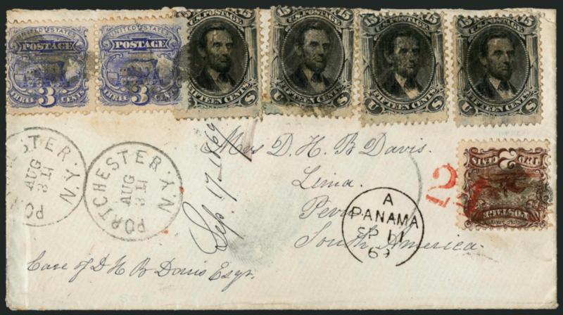2c Brown, 3c Ultramarine (113, 114).> Horizontal pair of 3c, <used with four 15c Black, F. Grills (97),> tied by corks, Portchester N.Y. Aug. 31 circular datestamp on cover <to Lima, Peru,> 1869 Panama transit
circular datestamp, red 24 credit al