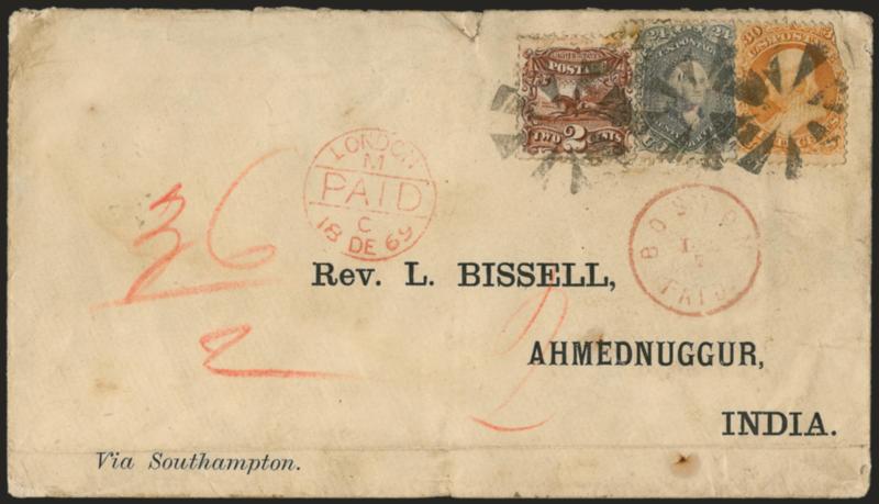 2c Brown (113).> Used with <24c Gray Lilac, F Grill (99) and 30c Orange, F Grill (100),> latter torn at top right prior to use, tied by circle of wedges, red Boston Paid Dec. 7 circular datestamp on cover <to
Ahmednuggur, India,> red London Paid 1