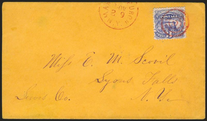 3c Ultramarine (114).> Choice centering, rich color, tied by <red target,> matching Marlborough N.Y. Nov. 29 circular datestamp struck partly off of top of orange cover to Lyons Falls N.Y., fresh and Very Fine,
ex Lafayette