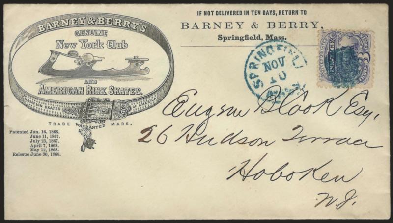 3c Ultramarine (114).> Cancelled by blue cork, Springfield Mass. Nov. 10 circular datestamp on <illustrated ice skates corner card> cover to Hoboken N.J., fresh and Very Fine, unusual illustrated design