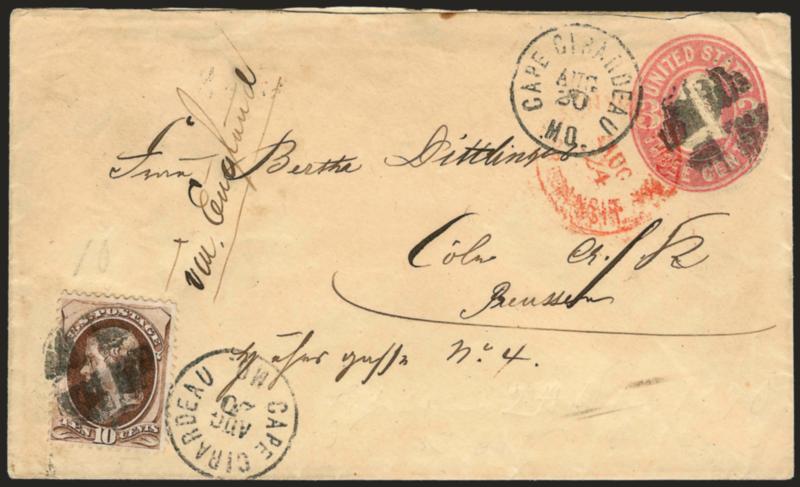10c Brown, Grill (139).> H. Grill, tied by quartered cork on 3c Pink entire (U34), cancelled by Cape Girardeau Mo. Aug. 20 circular datestamp <to Coln, Germany,> endorsed <<via England>>, red New York transit,
receiving backstamp, Very Fine, with