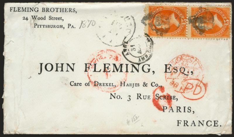 15c Bright Orange (152).> Vertical pair, brilliant color, tied by corks, light strike of Pittsburgh Pa. Aug. 18 (1870) circular datestamp on cover with printed address <to Paris, France,> red New York and
London transits, bold 6 credit handstamp,