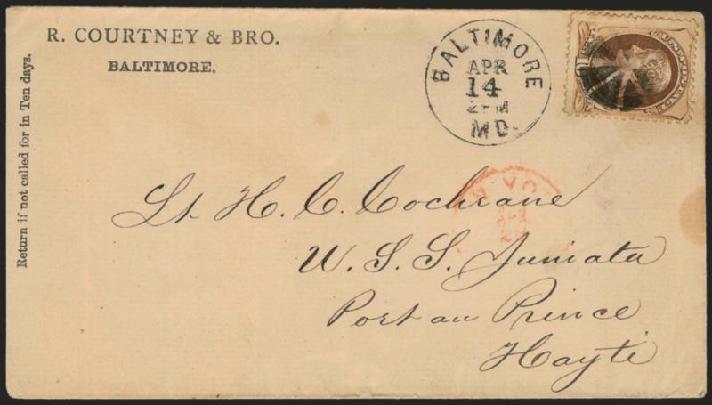 10c Brown (161).> Cancelled by circle of wedges, Baltimore Md. Apr. 14 circular datestamp on cover <to Port au Prince, Haiti,> some slight toning on stamp, otherwise Very Fine, scarce destination