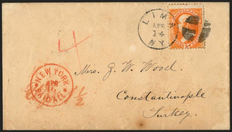 15c Yellow Orange (163).> Tied by quartered cork and by Lima N.Y. Apr. 14 circular datestamp on cover <to Constantinople, Turkey,> red New York Paid Apr. 16, red crayon 4 and additional credit marking, few
slightly toned perfs, trivial wear, ot